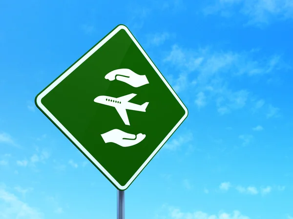 Insurance concept: Airplane And Palm on road sign background — ストック写真