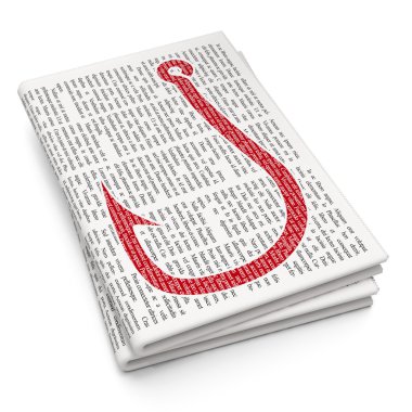 Protection concept: Fishing Hook on Newspaper background