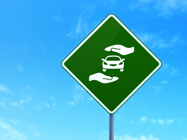 Insurance concept: Car And Palm on road sign background — Φωτογραφία Αρχείου