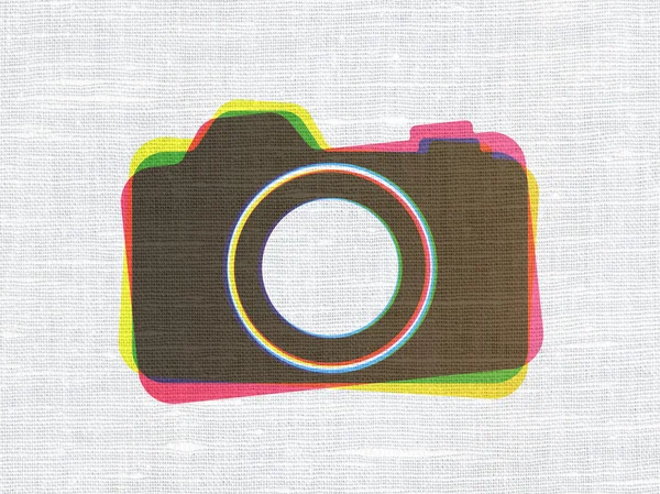 Vacation concept: Photo Camera on fabric texture background — Stock fotografie