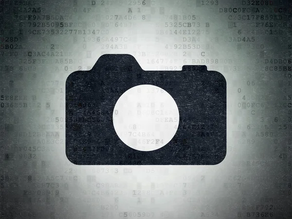 Tourismuskonzept: Fotokamera auf digitalem Papierhintergrund — Stockfoto