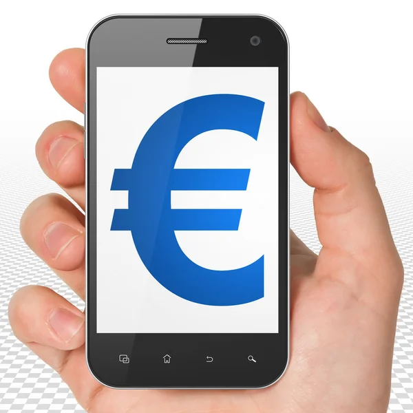 Currency concept: Hand Holding Smartphone with Euro on display — Stok fotoğraf