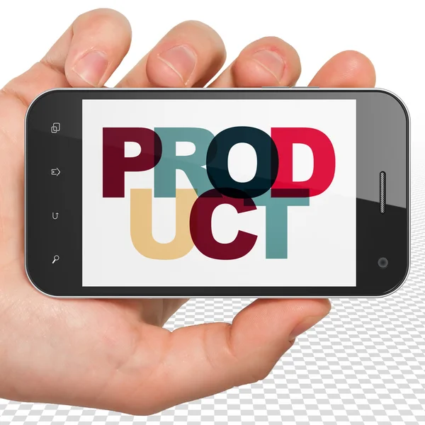 Concept marketing : Smartphone à main avec produit exposé — Photo