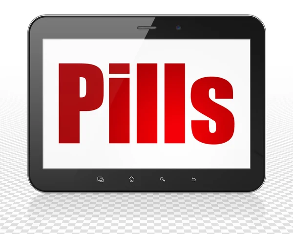 Concepto de salud: Tablet PC PC con pastillas en pantalla —  Fotos de Stock