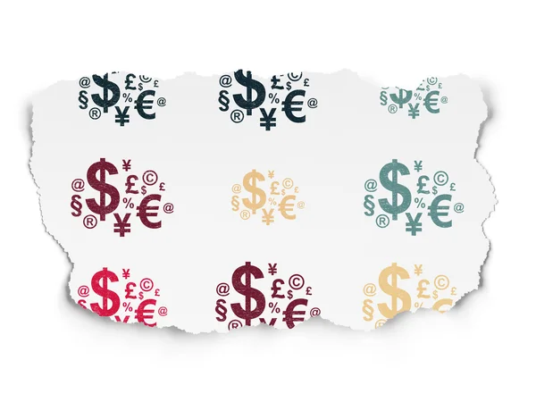 Концепция новостей: иконки финансовых символов на фоне порванной бумаги — стоковое фото