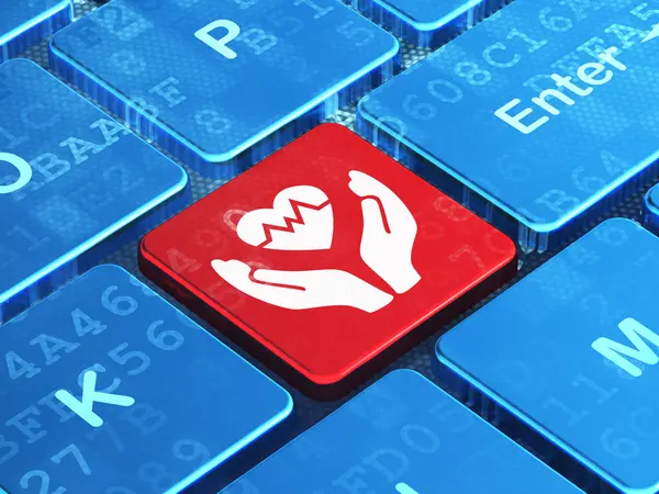 Koncepcja ubezpieczeń: serca i dłoni na tle klawiatury komputera — Zdjęcie stockowe