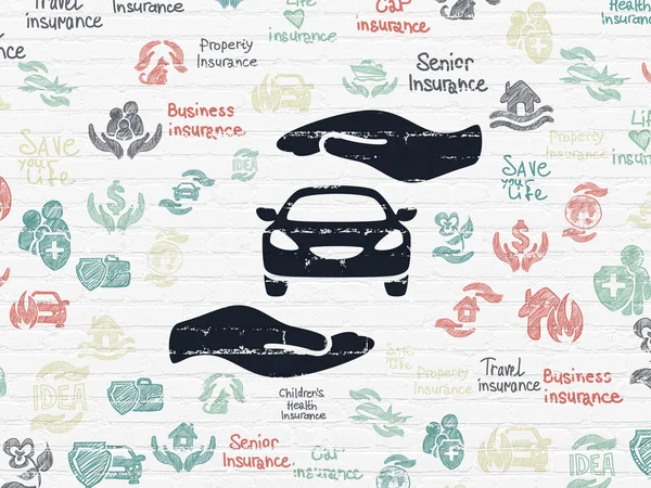 保険の概念: 壁の背景に車とパーム — ストック写真