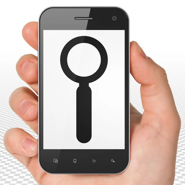 Data concept: Hand Holding Smartphone with Search on display — Stockfoto