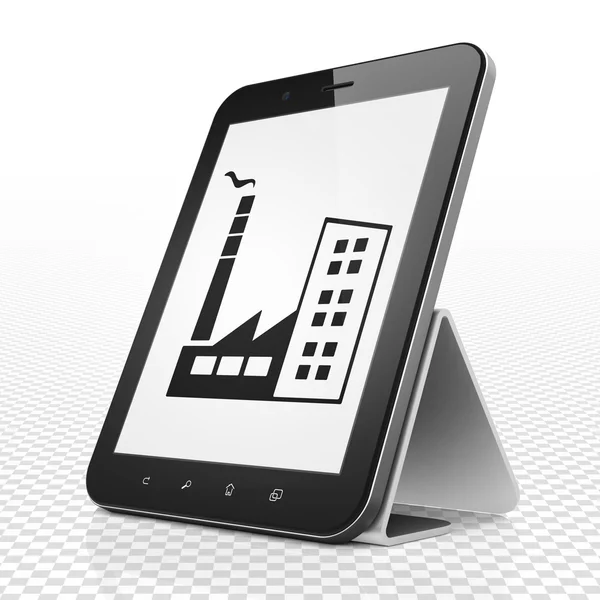 Business concept: Tablet Computer with Industry Building on display — Stockfoto