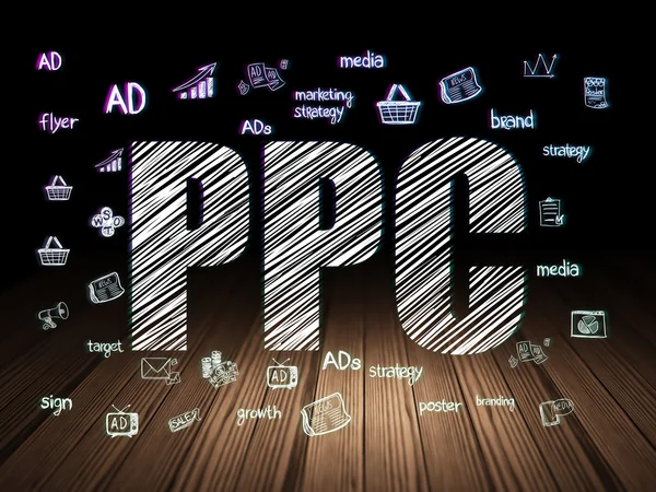 Concepto publicitario: PPC en sala oscura grunge — Foto de Stock