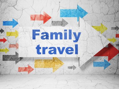 Travel concept: arrow with Family Travel on grunge wall background