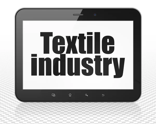 Concepto de industria: Tablet PC Ordenador con industria textil en exhibición — Foto de Stock