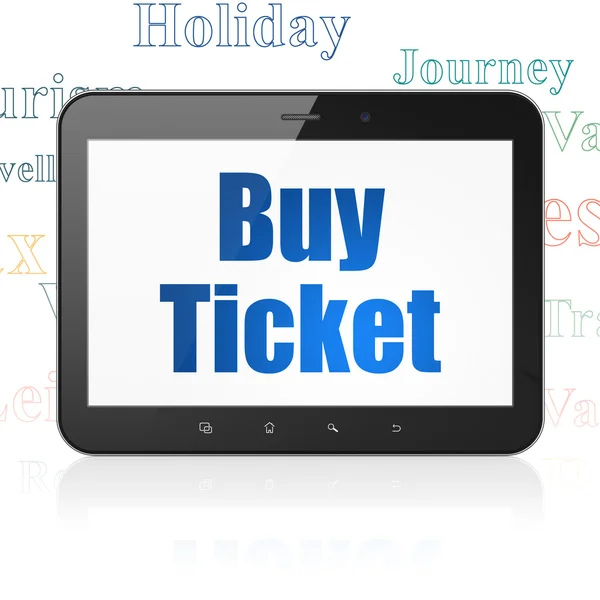 Concepto de viaje: Tablet Computer con Buy Ticket en pantalla —  Fotos de Stock
