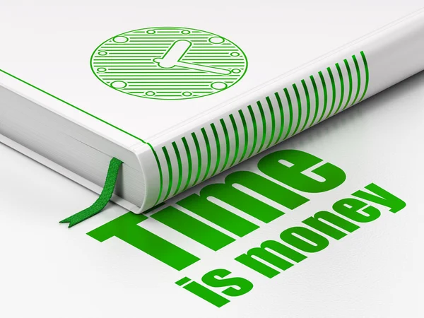 Concepto de línea de tiempo: Reloj del libro, el tiempo es dinero sobre fondo blanco — Foto de Stock