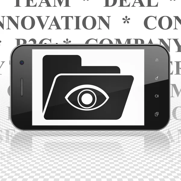 Концепция финансирования: Смартфон с папкой с глазом на дисплее — стоковое фото