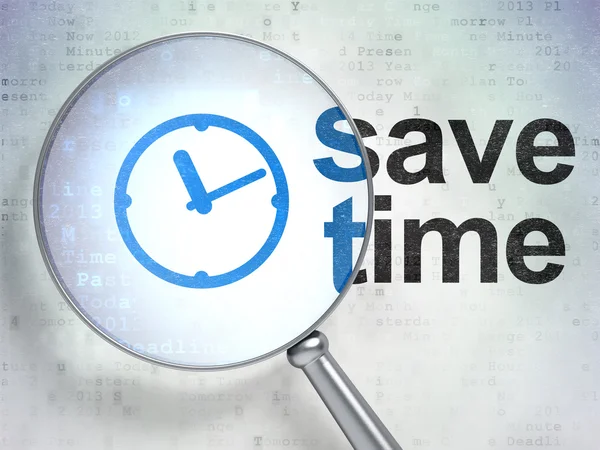 Time concept: Clock and Save Time with optical glass — Stock Photo, Image