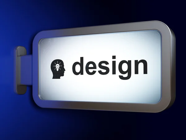 Werbekonzept: Design und Kopf mit Glühbirne auf Werbetafel-Hintergrund — Stockfoto