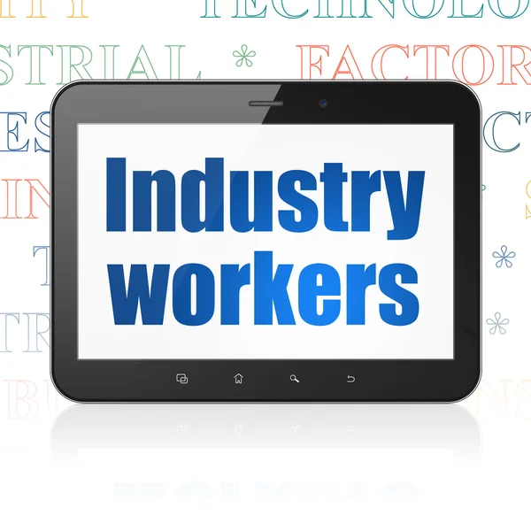 Industrie concept: Tablet PC met industrie werknemers op display — Stockfoto