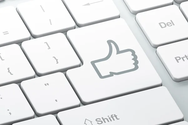 Conceito de mídia social: Polegar no fundo do teclado do computador — Fotografia de Stock