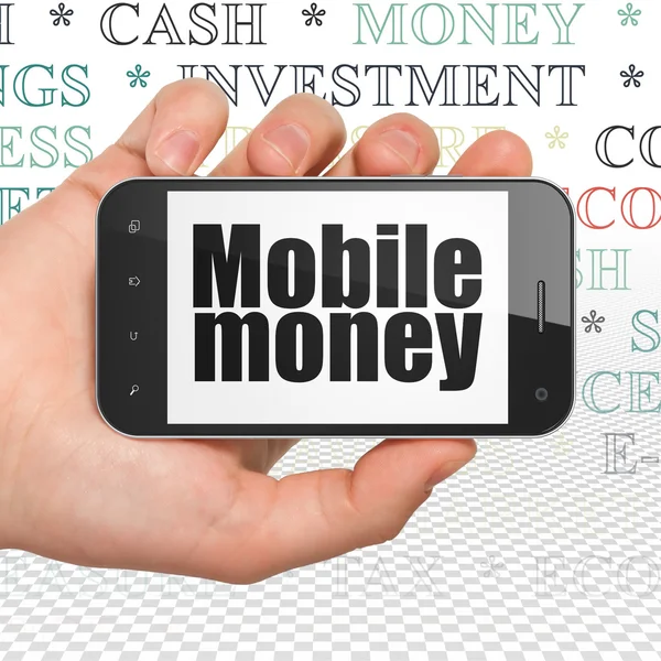 Концепція грошей: Рука тримає смартфон з мобільними грошима на дисплеї — стокове фото