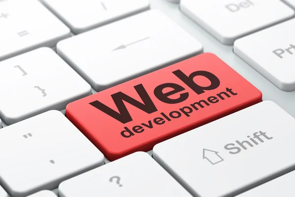 Web 開発コンセプト： web 開発コンピューターのキーボードの背景に — ストック写真