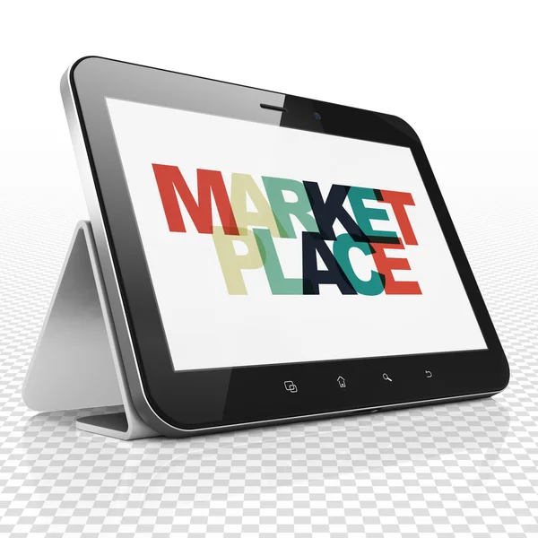 Marketing concept: Tablet PC bij Marketplace op display — Stockfoto