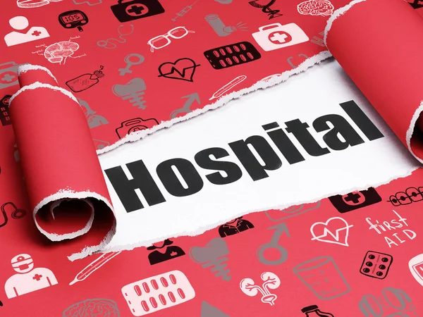 Gesundheitskonzept: Schwarzer Schriftzug Krankenhaus unter zerrissenem Papier — Stockfoto