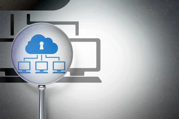 Concetto di tecnologia Cloud: Cloud Network con vetro ottico su sfondo digitale — Foto Stock