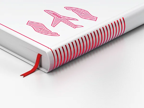 Insurance concept: closed book, Airplane And Palm on white background — 图库照片