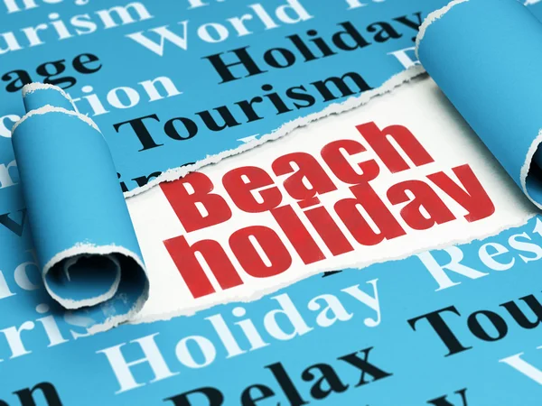 Concepto de viaje: texto rojo Beach Vacaciones bajo el pedazo de papel roto — Foto de Stock