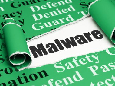 Safety concept: black text Malware under the piece of  torn paper