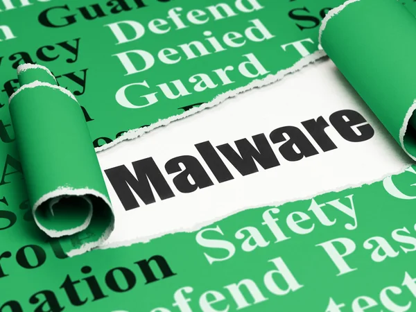 Safety concept: black text Malware under the piece of  torn paper — Stockfoto