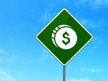 Para birimi kavramı: dolar sikke yol işareti arka plan üzerinde