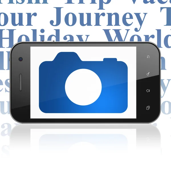 Concetto di vacanza: Smartphone con fotocamera fotografica in mostra — Foto Stock