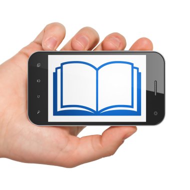 Bilim kavramı: el Smartphone ile kitap ekranda Holding