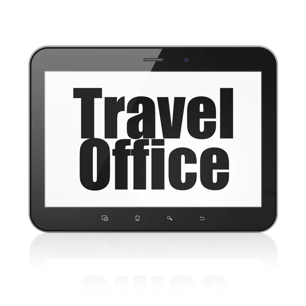 Vakantie concept: Tablet PC met Travel Office op display — Stockfoto