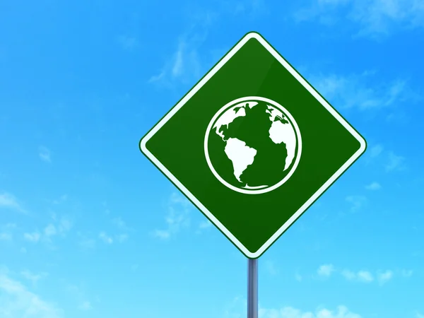 Studying concept: Globe on road sign background — 图库照片