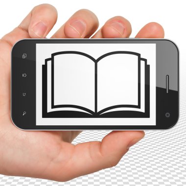 Bilim kavramı: el Smartphone ile kitap ekranda Holding