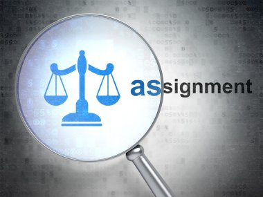 Law concept: Scales and Assignment with optical glass