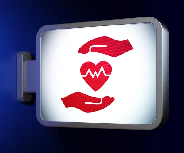 Versicherungskonzept: Herz und Handfläche auf Werbetafel — Stockfoto