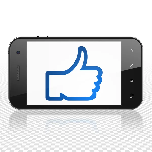 Concepto de red social: Smartphone con Pulgar en pantalla —  Fotos de Stock