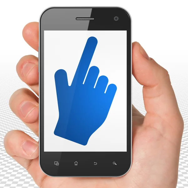 Sociaal netwerk concept: Hand Holding Smartphone met muiscursor op display — Stockfoto