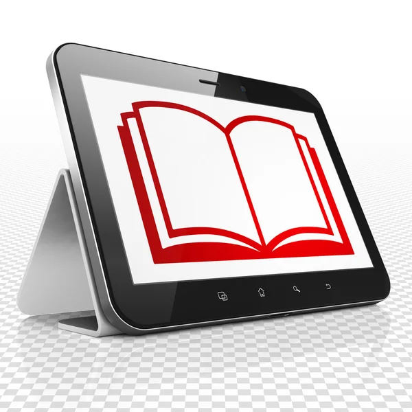Концепция образования: планшетный компьютер с книгой на дисплее — стоковое фото