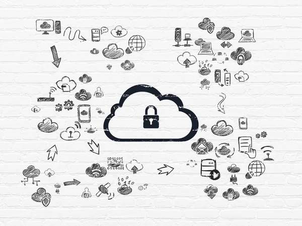 Cloud networking concept: Cloud With Padlock on wall background — Stock Photo, Image