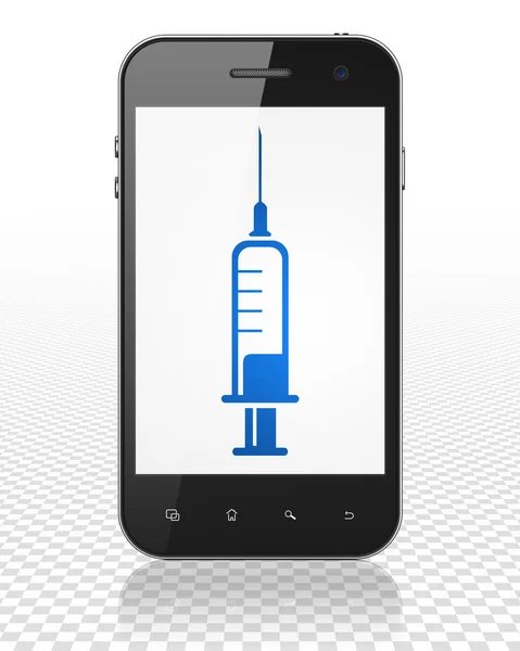 Conceito de saúde: Smartphone com seringa em exibição — Fotografia de Stock