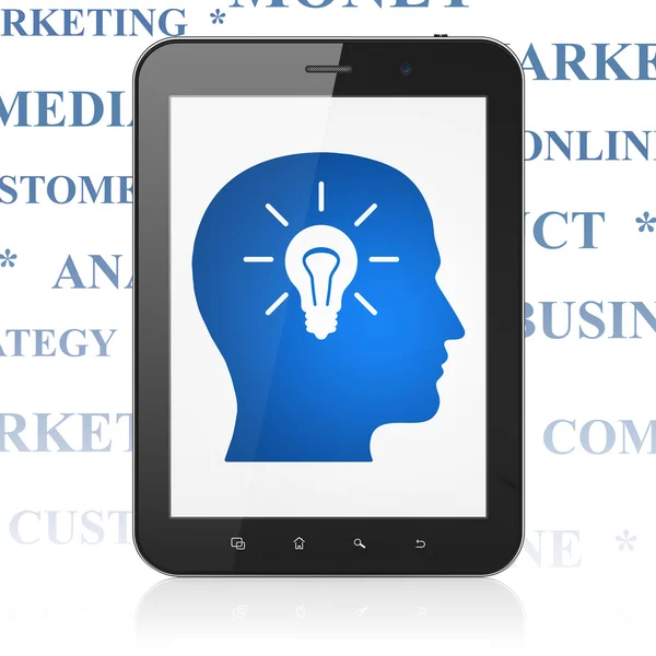 Advertising concept: Tablet Computer with Head With Light Bulb on display — Stock Photo, Image