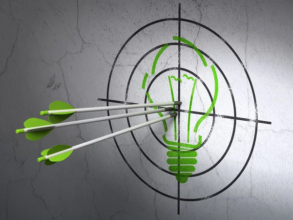 Business concept: arrows in Light Bulb target on wall background — Stock Photo, Image