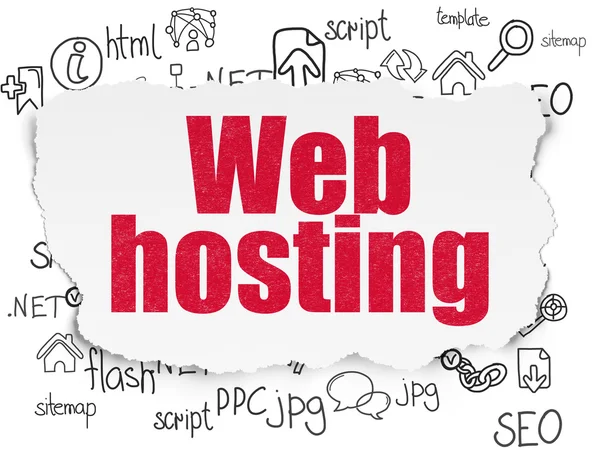 Web-Entwicklungskonzept: Web-Hosting auf zerrissenem Papier Hintergrund — Stockfoto