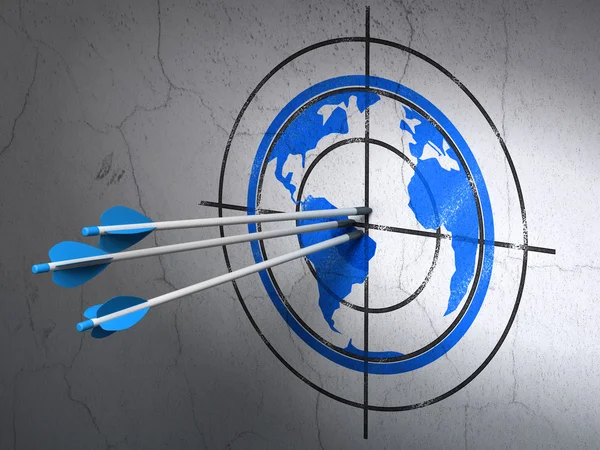 Studying concept: arrows in Globe target on wall background — Stock Photo, Image