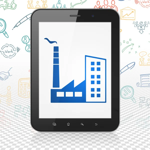 Finance concept: Tablet Computer with Industry Building on display — Stockfoto